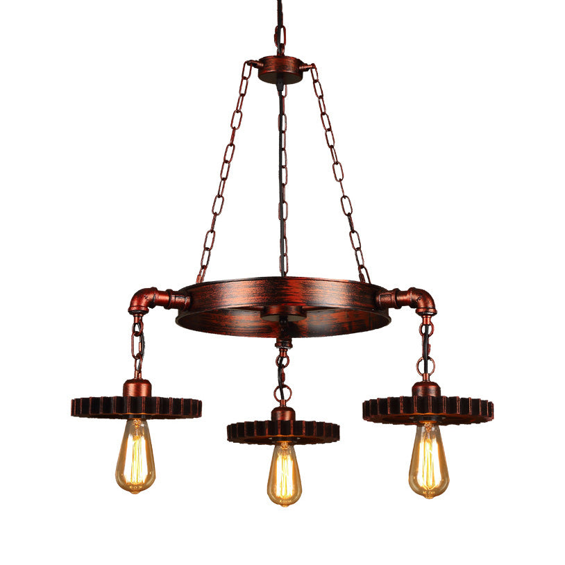 3/7 Heads Gear Pendant Lighting with Open Bulb Antique Style Dark Rust Metal Chandelier Light Fixture for Restaurant Clearhalo 'Cast Iron' 'Ceiling Lights' 'Chandeliers' 'Industrial Chandeliers' 'Industrial' 'Metal' 'Middle Century Chandeliers' 'Rustic Chandeliers' 'Tiffany' Lighting' 7946