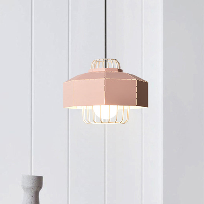 Laser Cut Ceiling Hanging Lantern Macaron Iron 1 Bulb Grey/Blue/Pink Pendant Light with Wire Cage Insert Clearhalo 'Ceiling Lights' 'Pendant Lights' 'Pendants' Lighting' 794731