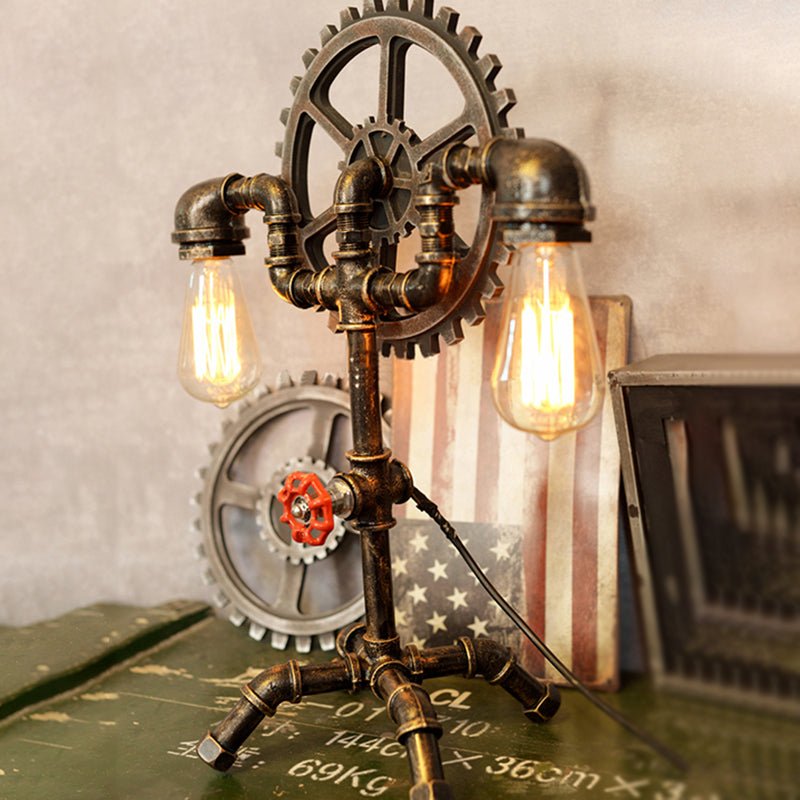 2 Lights Table Lighting with Water Pipe and Gear Wrought Iron Bedroom Standing Light in Antique Brass Clearhalo 'Lamps' 'Table Lamps' Lighting' 796949