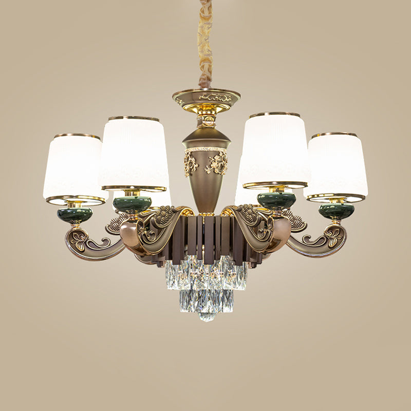 Tapered Opal Glass Chandelier Traditional 6 Heads Dining Room Pendant Light in Brown with K9 Crystal Insert Clearhalo 'Ceiling Lights' 'Chandeliers' 'Modern Chandeliers' 'Modern' Lighting' 798428