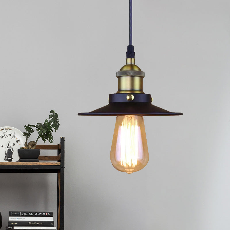 Metallic Flat Shade Ceiling Pendant Retro Stylish 1 Bulb Coffee Shop Hanging Lamp in Black, 7