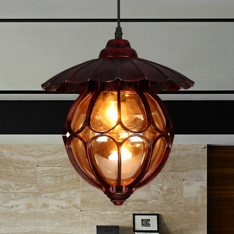 Industrial Global/Ring Hanging Light Cognac Glass Shade Kitchen Pendant Lighting in Copper with 23.5