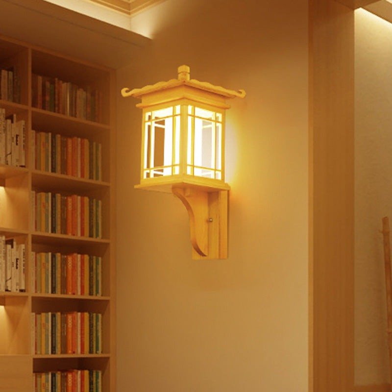 Wooden House Wall Sconce Light Fixture Asian Style Single Bulb Beige Wall Lamp Fixture for Restaurant Clearhalo 'Wall Lamps & Sconces' 'Wall Lights' Lighting' 800340