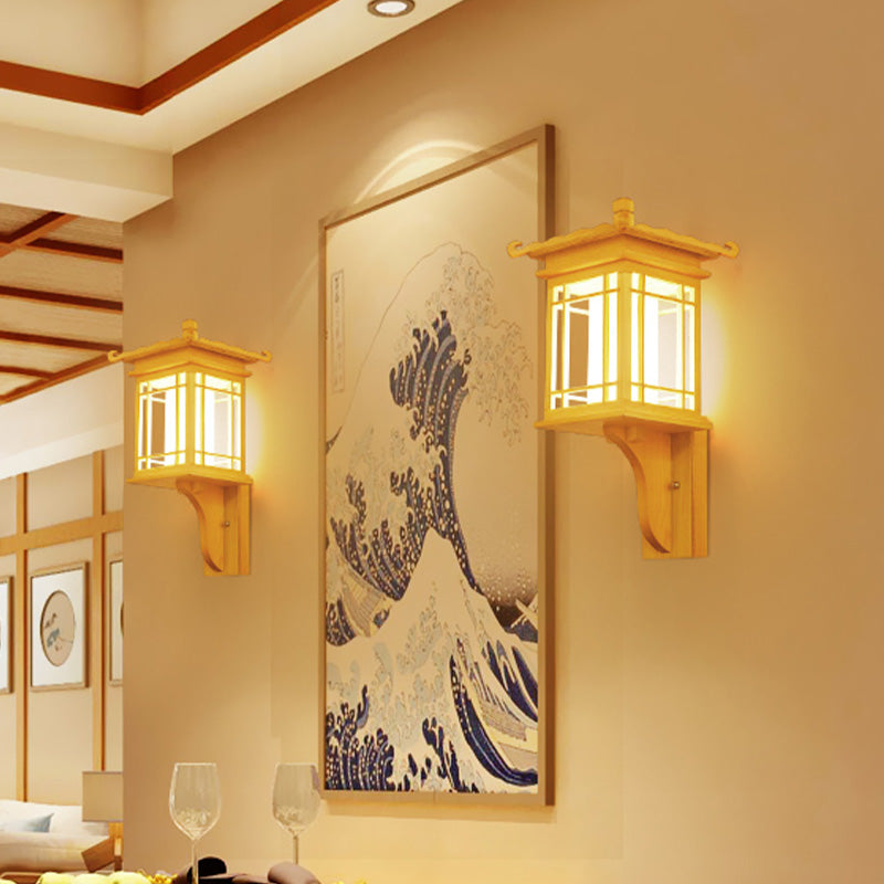 Wooden House Wall Sconce Light Fixture Asian Style Single Bulb Beige Wall Lamp Fixture for Restaurant Clearhalo 'Wall Lamps & Sconces' 'Wall Lights' Lighting' 800341