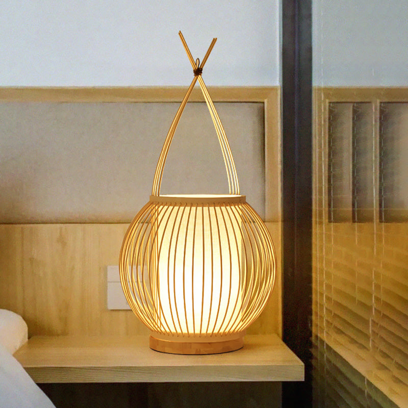 Beige Lantern Desk Light Asian Style Single Bulb Bamboo Night Table Lamp with Inner Tube Parchment Shade Beige Clearhalo 'Lamps' 'Table Lamps' Lighting' 800349