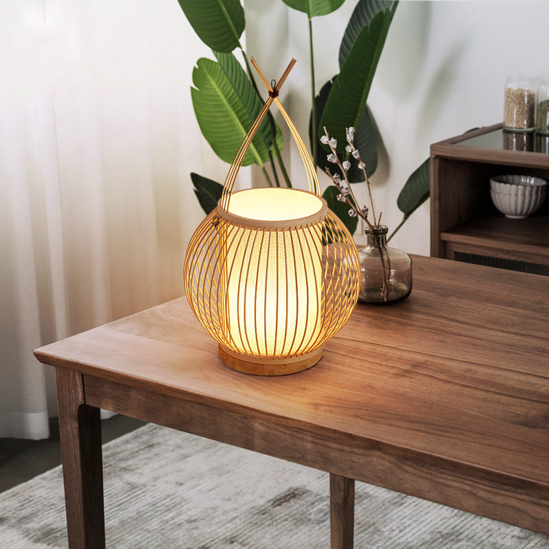 Beige Lantern Desk Light Asian Style Single Bulb Bamboo Night Table Lamp with Inner Tube Parchment Shade Clearhalo 'Lamps' 'Table Lamps' Lighting' 800350
