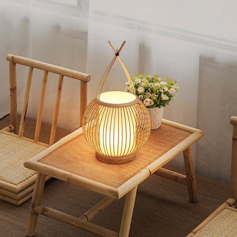 Beige Lantern Desk Light Asian Style Single Bulb Bamboo Night Table Lamp with Inner Tube Parchment Shade Clearhalo 'Lamps' 'Table Lamps' Lighting' 800351