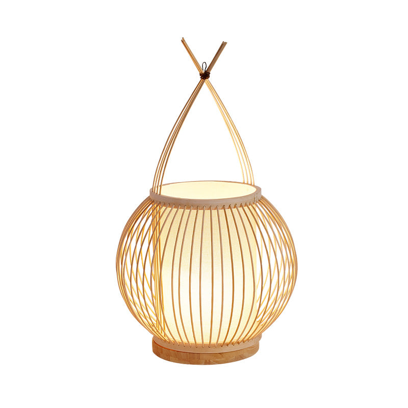 Beige Lantern Desk Light Asian Style Single Bulb Bamboo Night Table Lamp with Inner Tube Parchment Shade Clearhalo 'Lamps' 'Table Lamps' Lighting' 800352