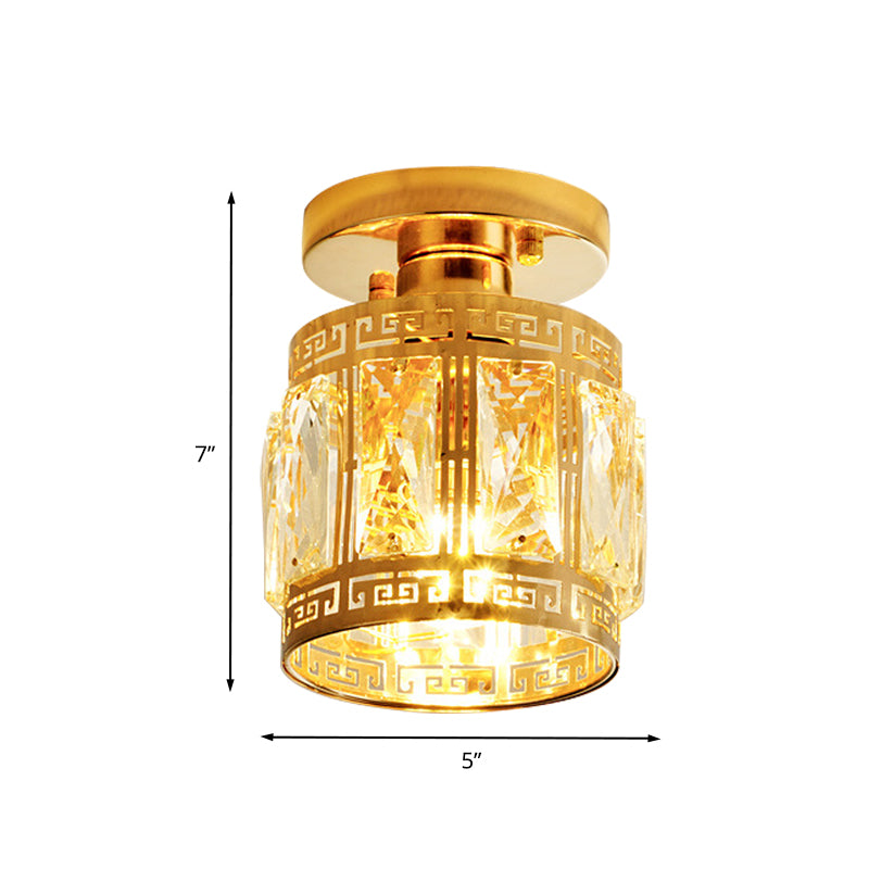 Beveled Crystal Cup Shaped Ceiling Flush Retro 1 Bulb Corridor Semi Flush Mount Light with Ornate Oriental Trim in Gold Clearhalo 'Ceiling Lights' 'Close To Ceiling Lights' 'Close to ceiling' 'Semi-flushmount' Lighting' 800470