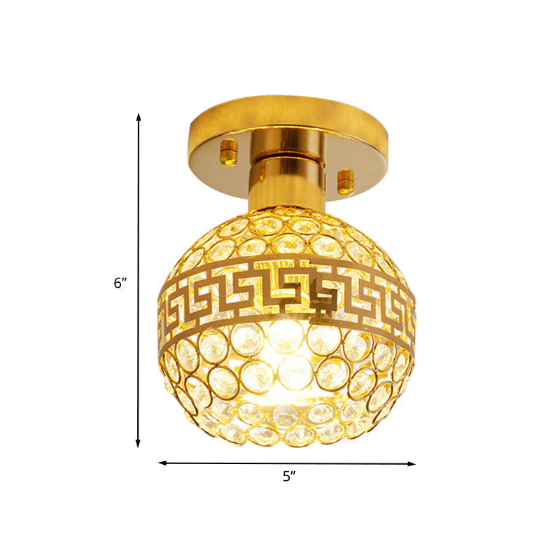 Inlaid Crystal Gold Semi Mount Lighting Oriental Trim Detailing Dome 1 Head Vintage Ceiling Lamp Clearhalo 'Ceiling Lights' 'Close To Ceiling Lights' 'Close to ceiling' 'Semi-flushmount' Lighting' 800482