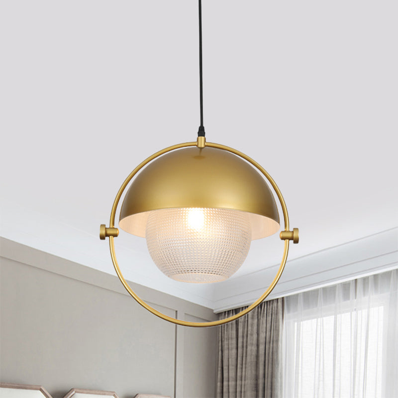 Modern Semicircle Hanging Light Kit 1 Bulb Metal Pendant in Blue/Gold with Ball Clear Latticed Glass Shade Gold Clearhalo 'Ceiling Lights' 'Modern Pendants' 'Modern' 'Pendant Lights' 'Pendants' Lighting' 800797