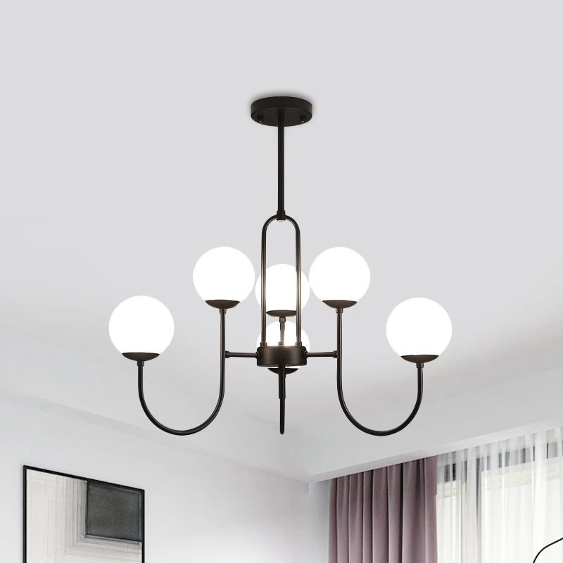 Arced Arm Iron Chandelier Light Fixture Modern 6/9-Head Black Finish Pendulum Lamp with Sphere Milk White Glass Shade 6 Black Clearhalo 'Ceiling Lights' 'Close To Ceiling Lights' 'Close to ceiling' 'Glass shade' 'Glass' 'Pendant Lights' 'Semi-flushmount' Lighting' 800899