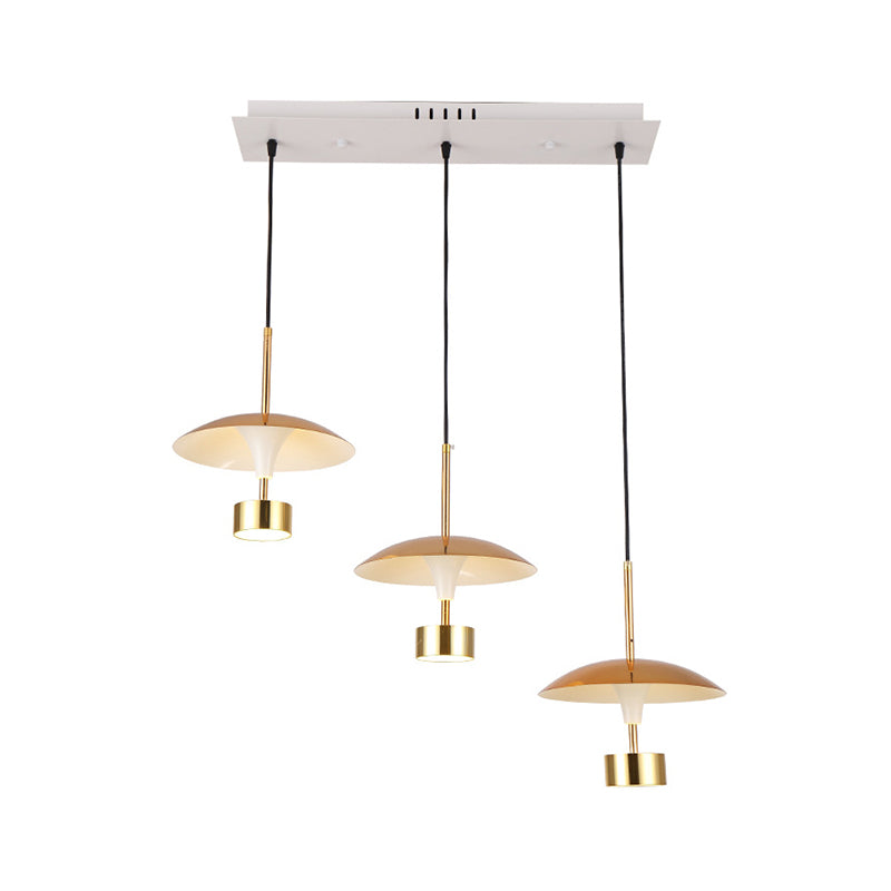 Gold Flat Dome Multi Light Pendant Post Modern 3-Light Metallic LED Linear Ceiling Hang Fixture Clearhalo 'Ceiling Lights' 'Modern Pendants' 'Modern' 'Pendant Lights' 'Pendants' Lighting' 800909