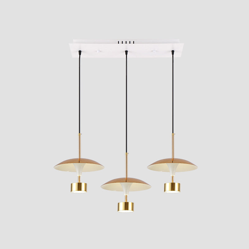 Gold Flat Dome Multi Light Pendant Post Modern 3-Light Metallic LED Linear Ceiling Hang Fixture Clearhalo 'Ceiling Lights' 'Modern Pendants' 'Modern' 'Pendant Lights' 'Pendants' Lighting' 800910