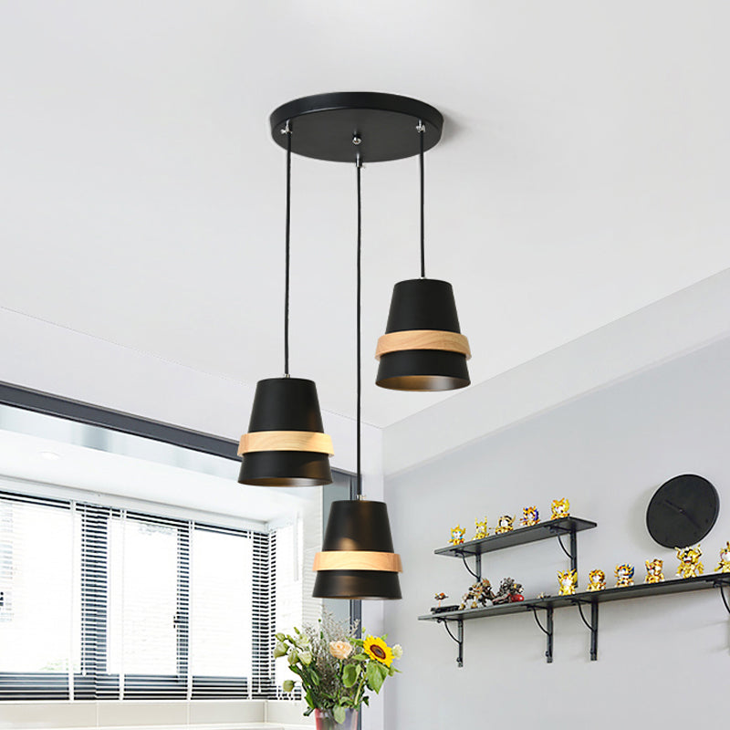 Cup Shape Dining Room Multi-Pendant Metal 3 Heads Modernist Suspension Light in White/Black and Wood Clearhalo 'Ceiling Lights' 'Modern Pendants' 'Modern' 'Pendant Lights' 'Pendants' Lighting' 800921