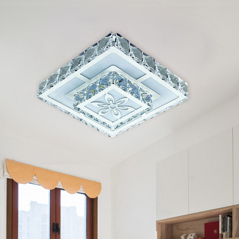 Faceted Crystal White Flush Mount Lamp 2-Layered Square LED Simple Close to Ceiling Light with Flower Pattern in Warm/White Light Clearhalo 'Ceiling Lights' 'Close To Ceiling Lights' 'Close to ceiling' 'Flush mount' Lighting' 800981