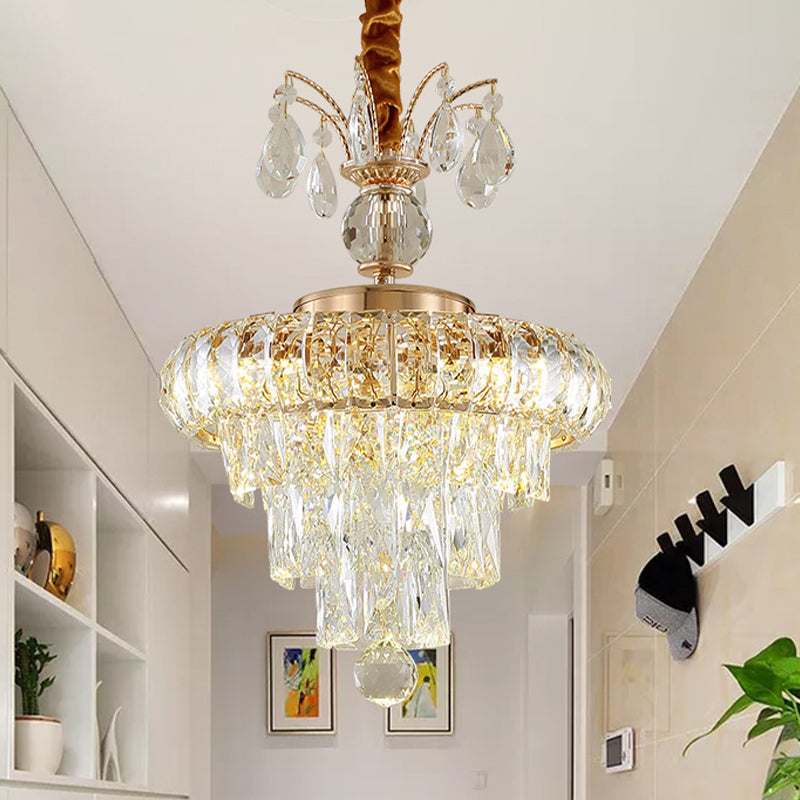 LED Pendant Chandelier Simple Dining Room Hanging Ceiling Light with Tiered Conical Clear Crystal Shade, 12