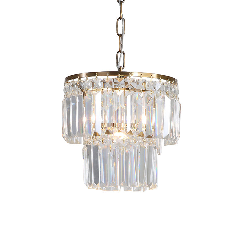 2-Layered Round Dining Room Pendant Light Countryside Crystal Block 1 Head Gold Finish Ceiling Hang Fixture Clearhalo 'Ceiling Lights' 'Modern Pendants' 'Modern' 'Pendant Lights' 'Pendants' Lighting' 801912