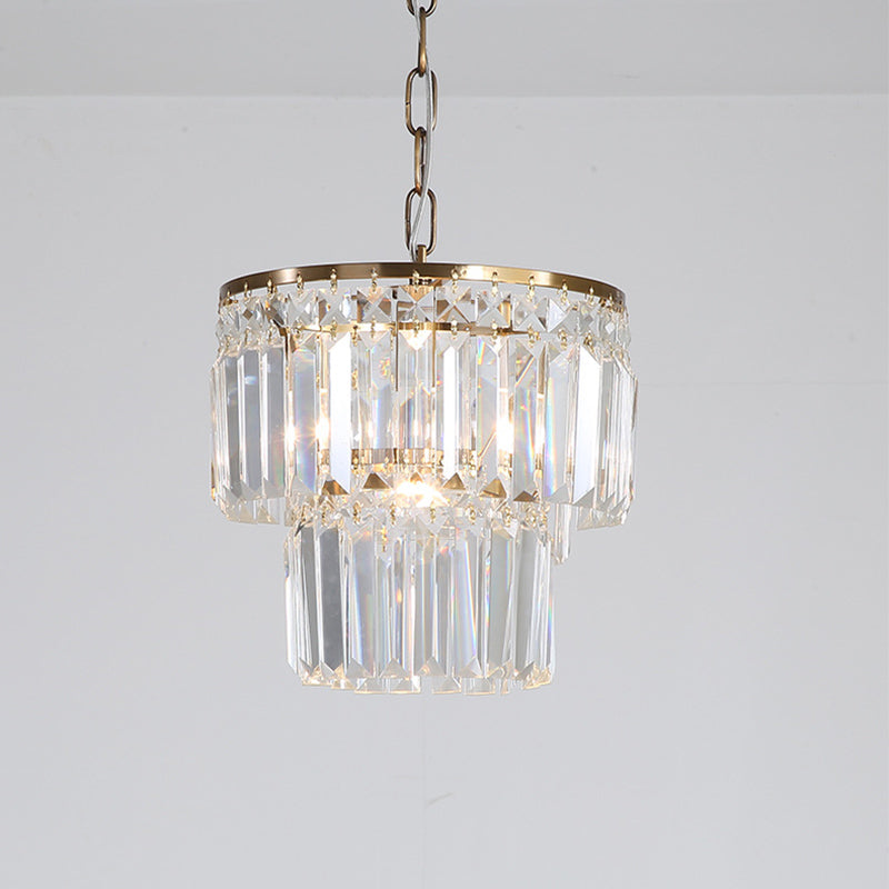 2-Layered Round Dining Room Pendant Light Countryside Crystal Block 1 Head Gold Finish Ceiling Hang Fixture Clearhalo 'Ceiling Lights' 'Modern Pendants' 'Modern' 'Pendant Lights' 'Pendants' Lighting' 801913