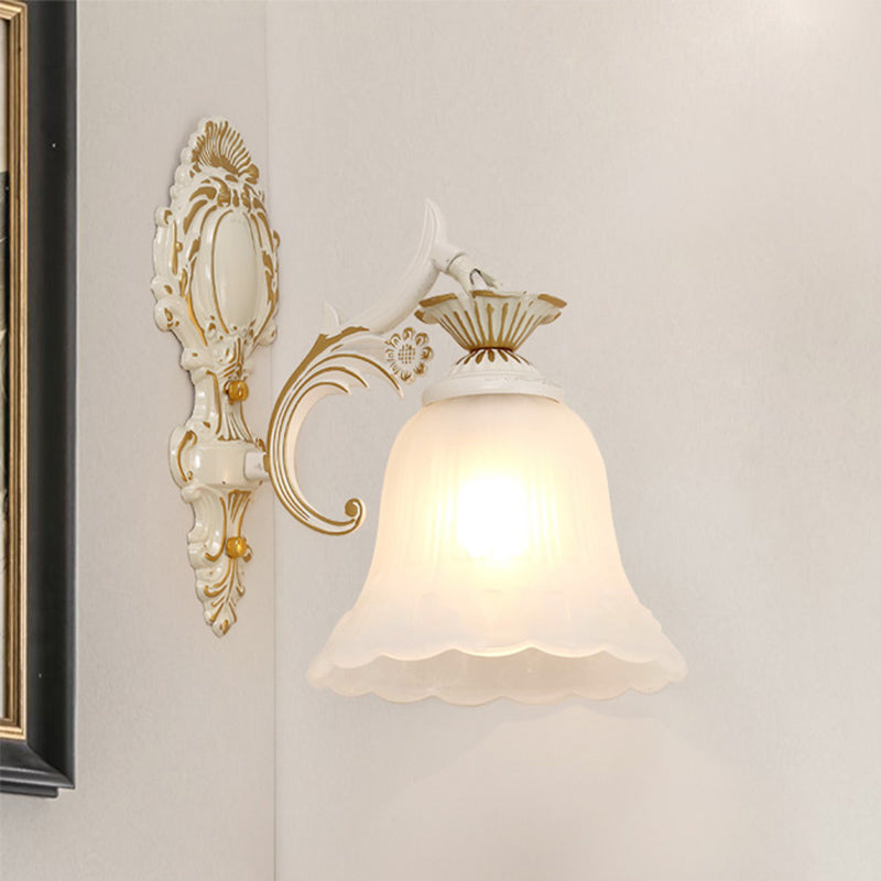 Traditional Bell Sconce Light 1/2-Bulb White Glass Wall Lighting Fixture with Carved Arm for Bedroom Clearhalo 'Wall Lamps & Sconces' 'Wall Lights' Lighting' 802164