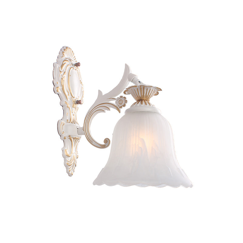 Traditional Bell Sconce Light 1/2-Bulb White Glass Wall Lighting Fixture with Carved Arm for Bedroom Clearhalo 'Wall Lamps & Sconces' 'Wall Lights' Lighting' 802165