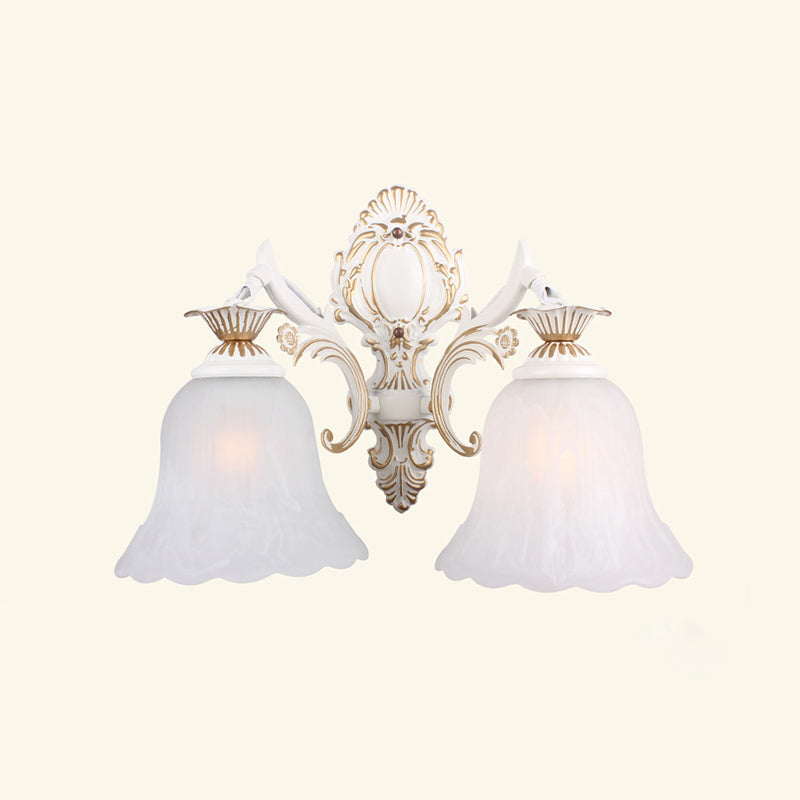 Traditional Bell Sconce Light 1/2-Bulb White Glass Wall Lighting Fixture with Carved Arm for Bedroom Clearhalo 'Wall Lamps & Sconces' 'Wall Lights' Lighting' 802170