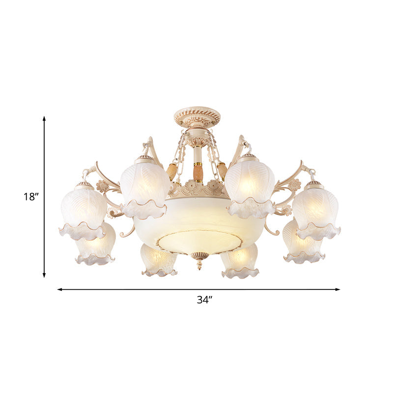 White Glass Floral Ceiling Light Rustic 7/9/11 Heads Living Room Semi Flush Mount Lighting Clearhalo 'Ceiling Lights' 'Close To Ceiling Lights' 'Close to ceiling' 'Glass shade' 'Glass' 'Semi-flushmount' Lighting' 802175