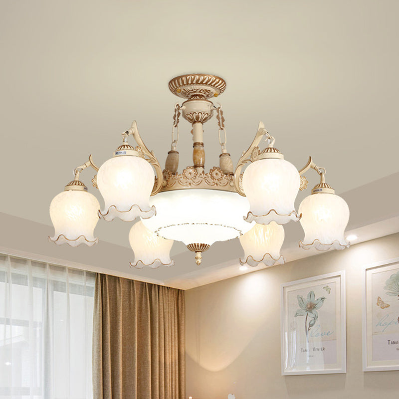 White Glass Floral Ceiling Light Rustic 7/9/11 Heads Living Room Semi Flush Mount Lighting 9 White Clearhalo 'Ceiling Lights' 'Close To Ceiling Lights' 'Close to ceiling' 'Glass shade' 'Glass' 'Semi-flushmount' Lighting' 802176