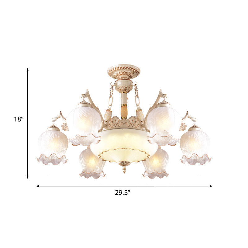 White Glass Floral Ceiling Light Rustic 7/9/11 Heads Living Room Semi Flush Mount Lighting Clearhalo 'Ceiling Lights' 'Close To Ceiling Lights' 'Close to ceiling' 'Glass shade' 'Glass' 'Semi-flushmount' Lighting' 802180