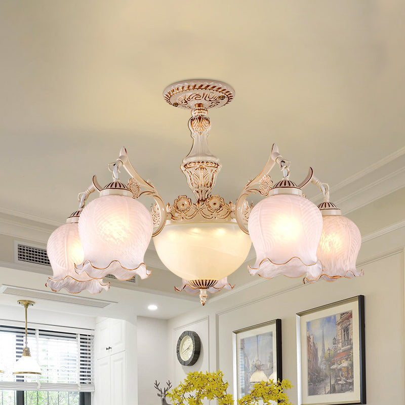 White Glass Floral Ceiling Light Rustic 7/9/11 Heads Living Room Semi Flush Mount Lighting 7 White Clearhalo 'Ceiling Lights' 'Close To Ceiling Lights' 'Close to ceiling' 'Glass shade' 'Glass' 'Semi-flushmount' Lighting' 802181