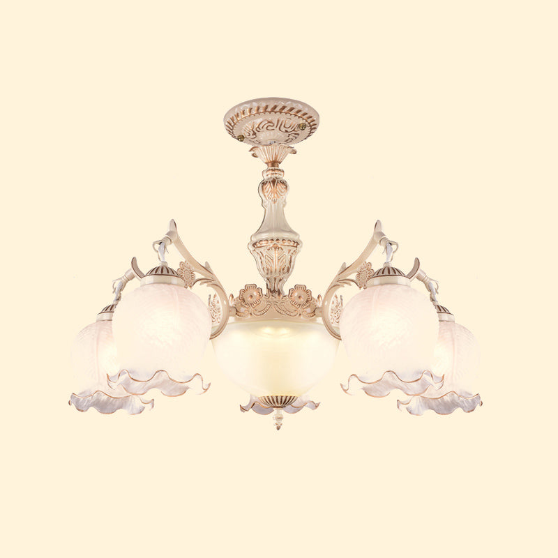 White Glass Floral Ceiling Light Rustic 7/9/11 Heads Living Room Semi Flush Mount Lighting Clearhalo 'Ceiling Lights' 'Close To Ceiling Lights' 'Close to ceiling' 'Glass shade' 'Glass' 'Semi-flushmount' Lighting' 802184