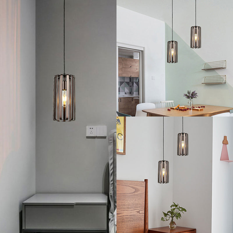 Cylinder Metal Hanging Lamp Industrial 1 Light Dining Room Pendant Light with Wire Frame in Bronze, 6