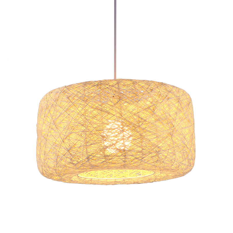 Flaxen Drum Ceiling Hanging Lantern Chinese 16/23.5 Inches Wide 1-Light Bamboo Down Lighting Pendant Clearhalo 'Ceiling Lights' 'Pendant Lights' 'Pendants' Lighting' 808096