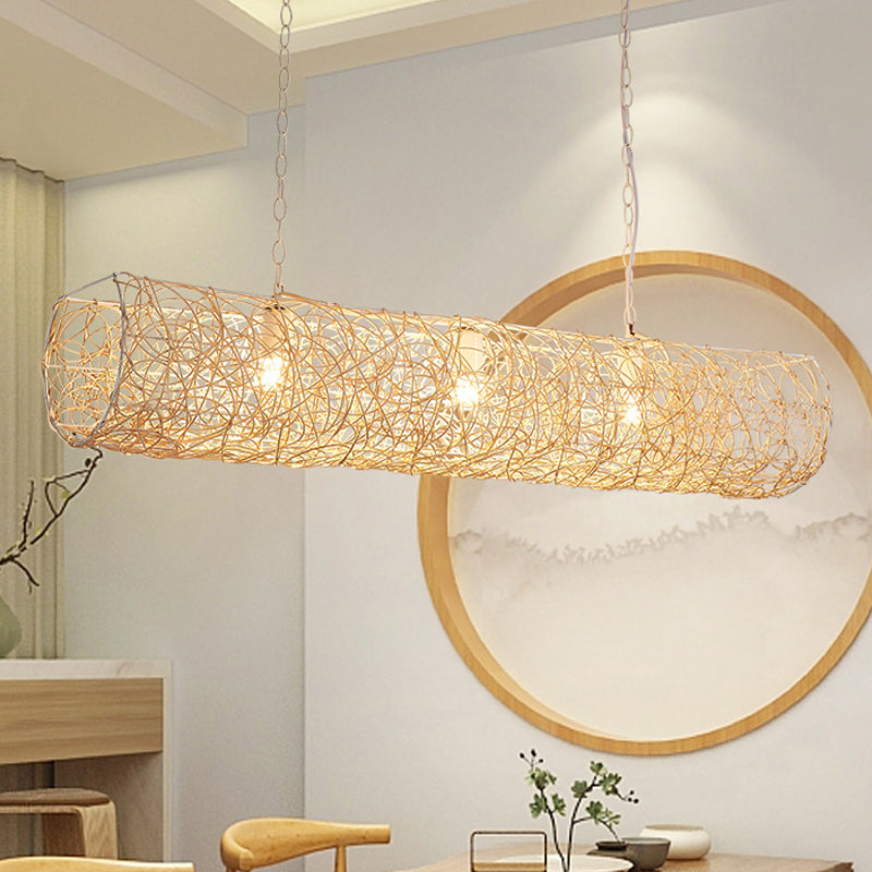 White Piping Horizontal Suspension Light Contemporary 3-Light Bamboo Rattan Chandelier Pendant Light Clearhalo 'Ceiling Lights' 'Chandeliers' Lighting' options 808118