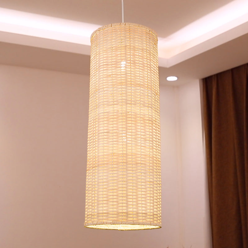 Minimalist Column Hanging Light Bamboo Rattan 1 Head Living Room Ceiling Pendant in Beige Beige Clearhalo 'Ceiling Lights' 'Pendant Lights' 'Pendants' Lighting' 808131_15b68ae8-2711-45c7-9c2c-b95503ef04b8