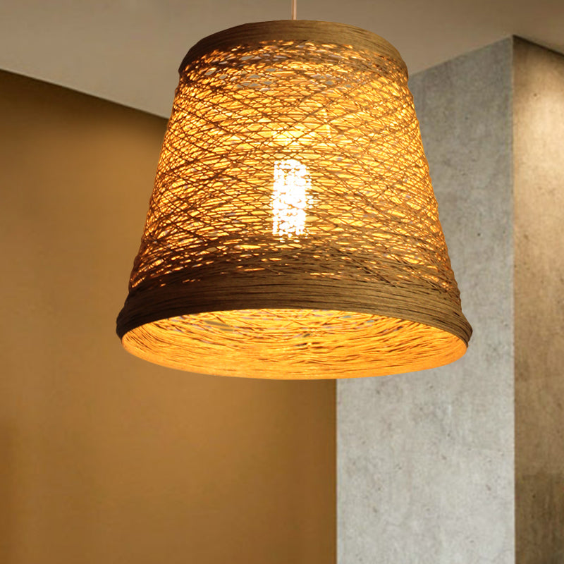 Bamboo Rattan Bucket Pendant Light Rural Single Flaxen Hanging Lamp Kit for Restaurant Clearhalo 'Ceiling Lights' 'Pendant Lights' 'Pendants' Lighting' 808137