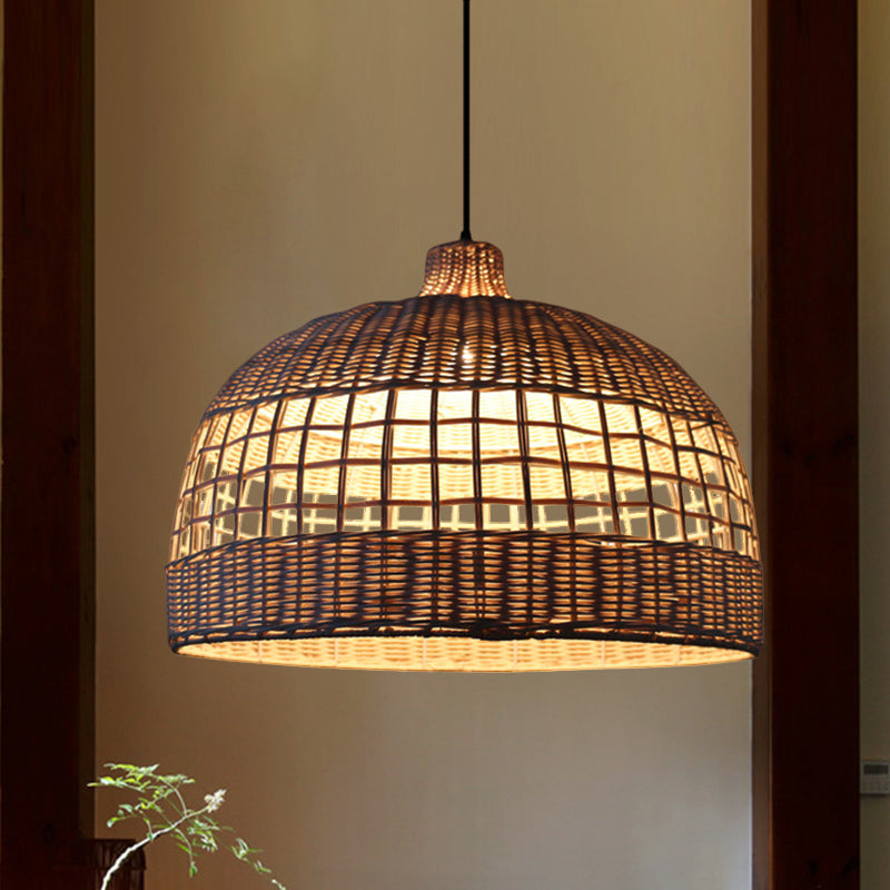 Beige Gridded Bowl Drop Pendant Countryside 1 Bulb Bamboo Ceiling Suspension Lamp over Table Beige Clearhalo 'Ceiling Lights' 'Pendant Lights' 'Pendants' Lighting' 808151_87224a8e-44bc-4ef8-b930-5e9f7121cd72