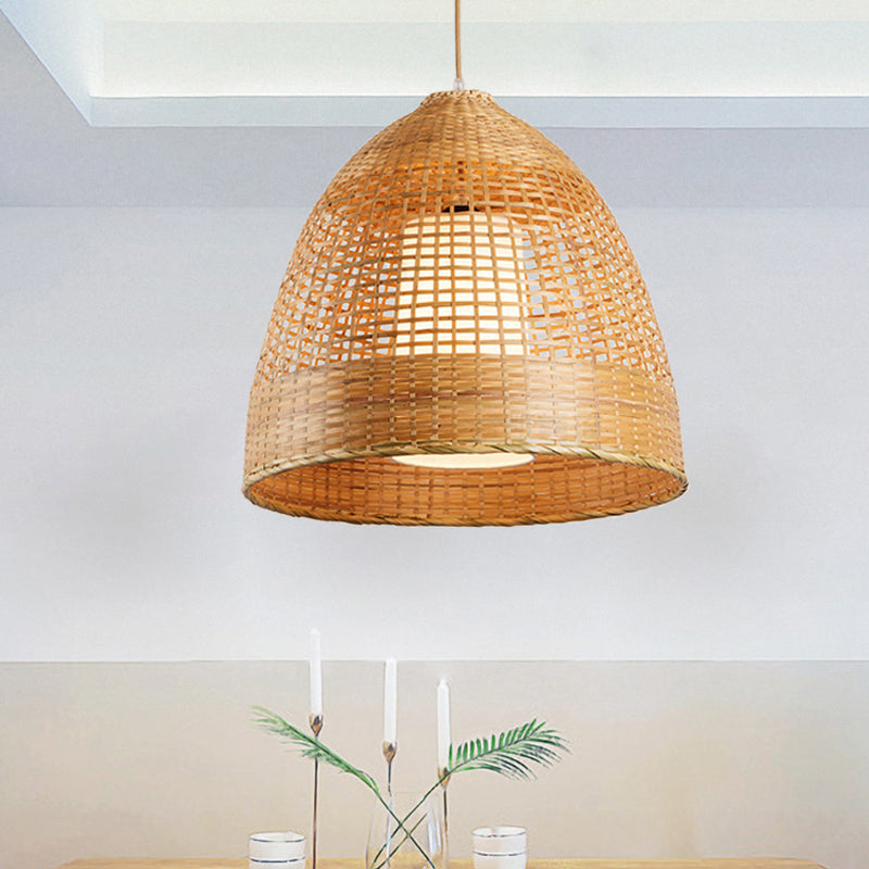 Grid Bell Living Room Hanging Lamp Bamboo Single-Bulb Asian Suspension Pendant Light in Beige Clearhalo 'Ceiling Lights' 'Pendant Lights' 'Pendants' Lighting' 808162