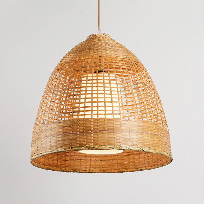 Grid Bell Living Room Hanging Lamp Bamboo Single-Bulb Asian Suspension Pendant Light in Beige Clearhalo 'Ceiling Lights' 'Pendant Lights' 'Pendants' Lighting' 808164