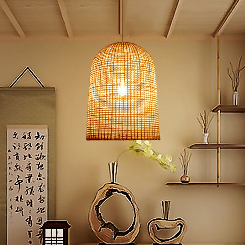 1-Light Restaurant Ceiling Pendant Chinese Beige Pendant Lighting with Elongated Grid Bamboo Shade Beige Clearhalo 'Ceiling Lights' 'Pendant Lights' 'Pendants' Lighting' 808171_8c04907e-fe97-44fd-9c01-416cd8cf1093