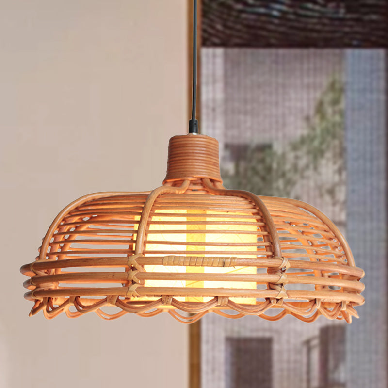 Shallow Bowl Bamboo Braided Drop Lamp Chinese Style 1 Head Beige Ceiling Pendant with Cylinder Shade Inside Beige Clearhalo 'Ceiling Lights' 'Pendant Lights' 'Pendants' Lighting' 808255_beda19e7-1c30-4b99-8c04-01a289a80082