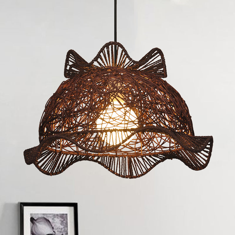 Coffee Ruffle-Edge Bowl Pendant Modernist Single Bamboo Ceiling Suspension Lamp for Dining Room Coffee Clearhalo 'Ceiling Lights' 'Pendant Lights' 'Pendants' Lighting' 808260_9bea5110-eab5-4a5d-b68a-32e4d03dc5bc