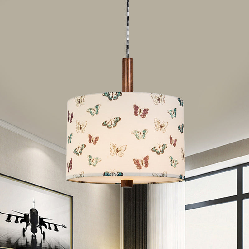 Drum Fabric Hanging Lighting Korea Country Style 1-Light Bedroom Pendant in White with Butterfly Pattern White Clearhalo 'Ceiling Lights' 'Pendant Lights' 'Pendants' Lighting' 808418_d7e4ebfd-affb-472f-8e93-1af43618ad54