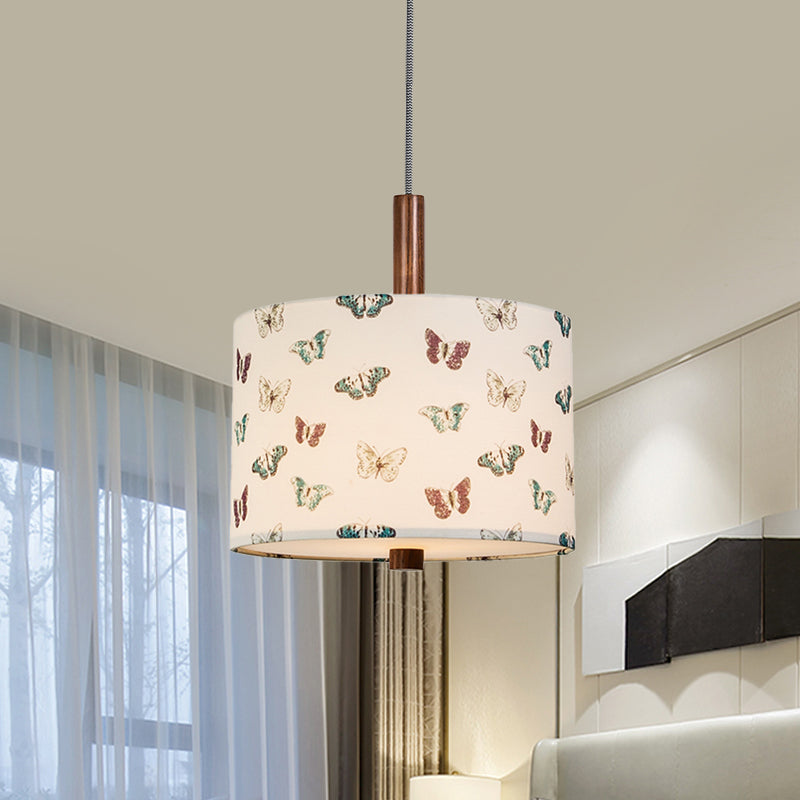 Drum Fabric Hanging Lighting Korea Country Style 1-Light Bedroom Pendant in White with Butterfly Pattern Clearhalo 'Ceiling Lights' 'Pendant Lights' 'Pendants' Lighting' 808419