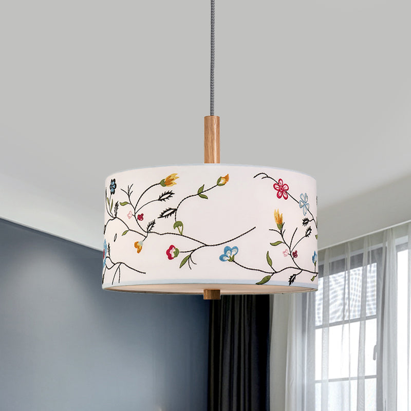 Fabric White Pendulum Light Drum 1 Head Korea Countryside Hanging Lamp Kit with Embroidery Design Clearhalo 'Ceiling Lights' 'Pendant Lights' 'Pendants' Lighting' 808426