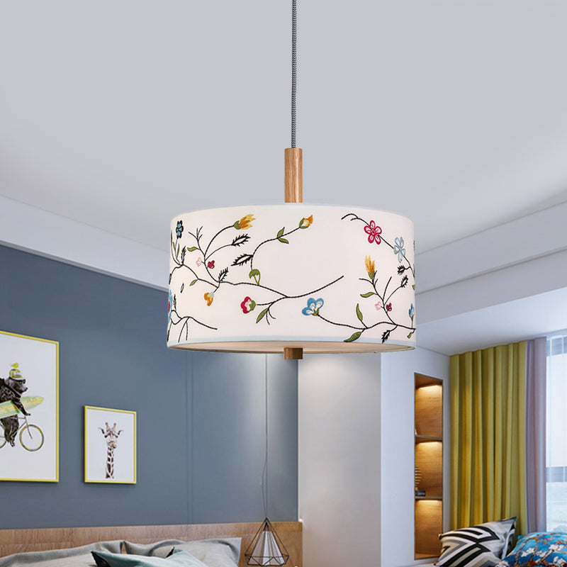 Fabric White Pendulum Light Drum 1 Head Korea Countryside Hanging Lamp Kit with Embroidery Design Clearhalo 'Ceiling Lights' 'Pendant Lights' 'Pendants' Lighting' 808427