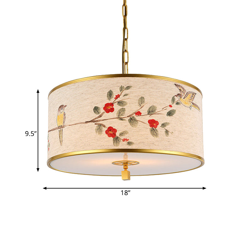 1 Light Drum Pendant Lighting Korea Country Beige Fabric Suspension Lamp with Bird and Branch Pattern Clearhalo 'Ceiling Lights' 'Pendant Lights' 'Pendants' Lighting' 808433