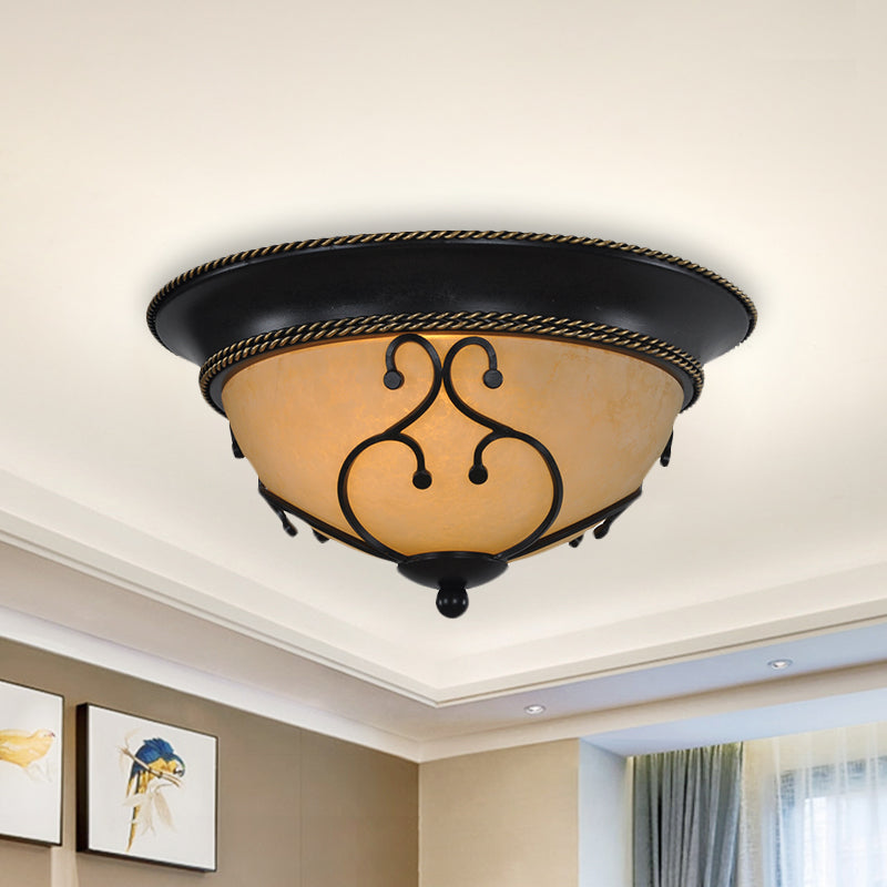 Black 2/3 Heads Ceiling Flush Mount Vintage Frosted Glass Bowl Flushmount with Metal Frame, 13