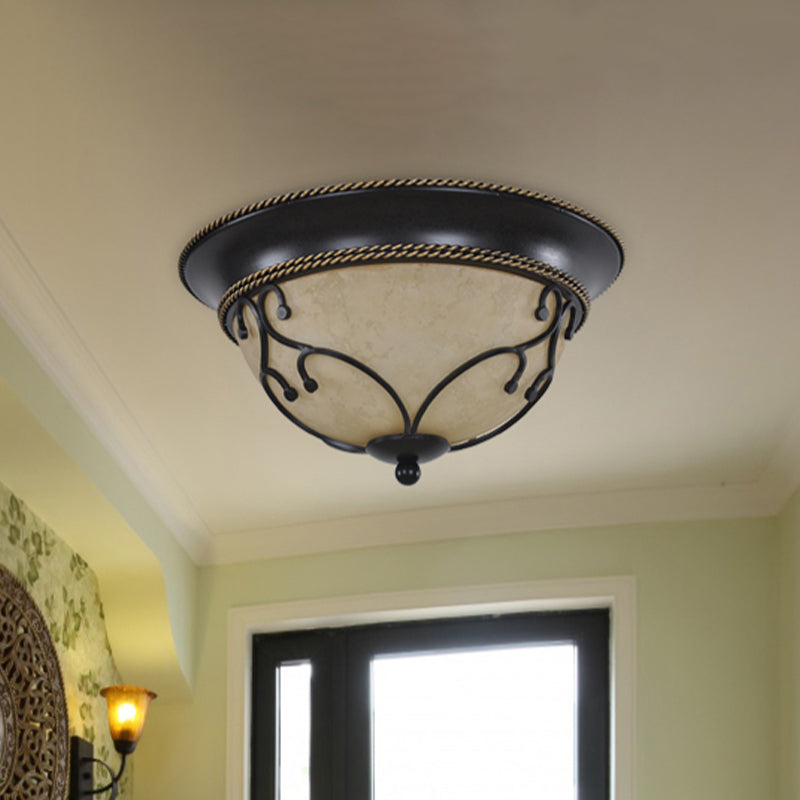 Black 2/3 Heads Ceiling Flush Mount Vintage Frosted Glass Bowl Flushmount with Metal Frame, 13