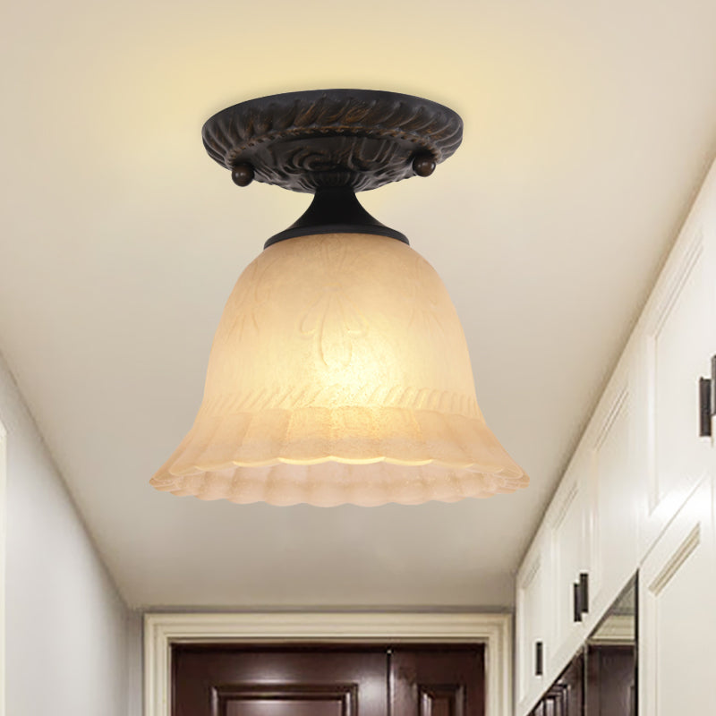 Ribbed Glass Bell Semi Flush Light Rustic 1-Bulb Hallway Flush Mount Lighting Fixture in Black Clearhalo 'Ceiling Lights' 'Close To Ceiling Lights' 'Close to ceiling' 'Glass shade' 'Glass' 'Semi-flushmount' Lighting' 808516